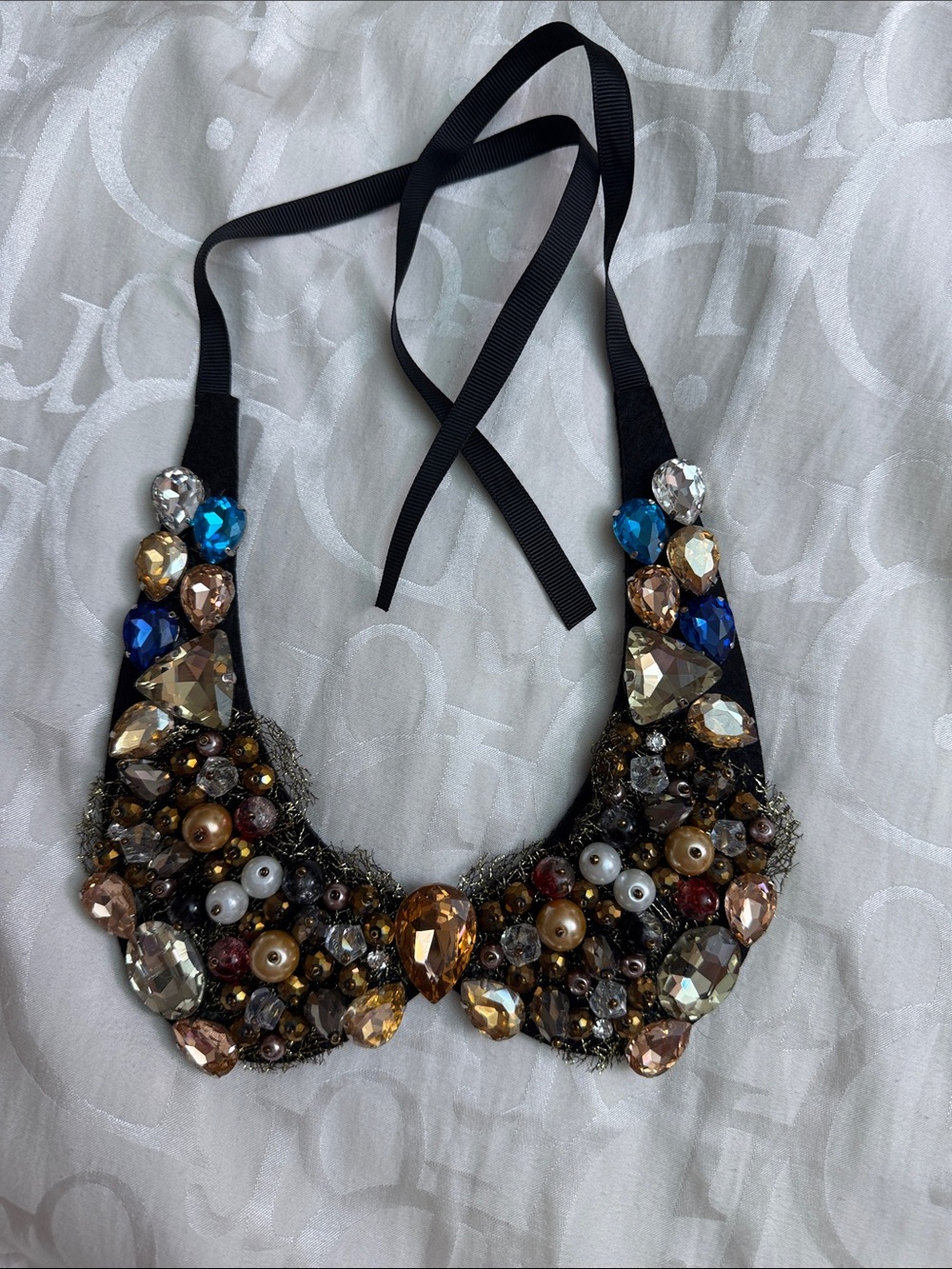 Tasha Black Ribbon Collar Necklace with Gold and Blue Crystals